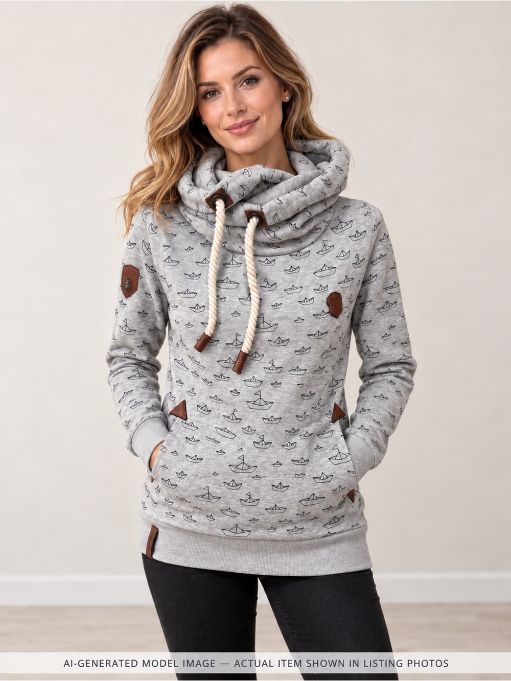 Naketano Light Grey Cowl-Neck Pullover with Rope Drawcords